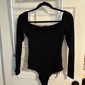 Reformation Square Neck Ribbed Black Long Sleeve Bodysuit
